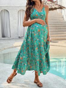 SHEIN 孕妇花卉印花束腰休闲宽松连衣裙 - 綠色 - 查看 3