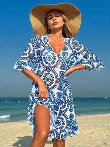 Swim Lushoire Robe ample de couvre-chef en mousseline de soie à manches 1/2 et col en V avec imprimé végétal pour femmes, robe ample d'été à motif floral de porcelaine pour la plage et les vacances