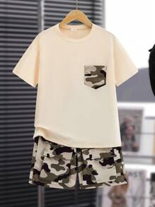 SHEIN 2pcs Boys Casual Loose Camo Pockets Patchwork Short Sleeve T-Shirt And Multi-Pocket Cargo Shorts Set - Multicolor - View 6