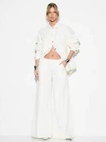 KIZN Designer Wide Leg Jeans High Waist Clean Cut Contrast Stitch Palazzo Style Casual Fashion Statement Pants Spring Summer - Beige - View 2