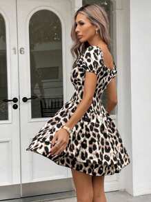 SHEIN Essnce Women's Leopard Print Double Layer Ruffle Hem Short Dress - Multicolor - View 2
