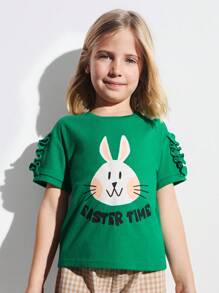 THE HAPPY LOOK Camiseta ajustada con cuello redondo, mangas con volantes y estampado de conejo linda para niñas, estilo adorable de Pascua
