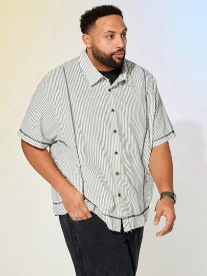 Manfinity VCAY 大码男士宽松休闲竖条纹编织半袖衬衫