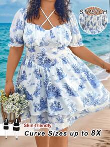 SHEIN CURVE+ 大码女式植物印花蓝白图案交叉系带露背褶皱半身双下摆连衣裙、度假连衣裙、多层连衣裙波西米亚风度假 - 藍白色 - 查看 6