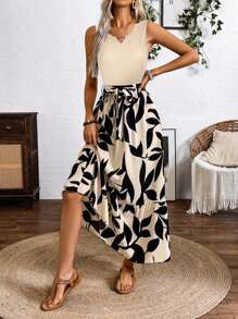 Breezaya Vestido maxi estampado de primavera y verano (vestido de punto de línea A de longitud media sin mangas con estampado de hojas de bádminton) Ropa de playa de vacaciones para mujeres - Albaricoque - Ver 3