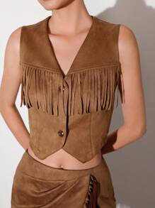 Aveloria Affinna 西部女牛仔风格 V 领拼接流苏短款修身女式无袖背心夹克