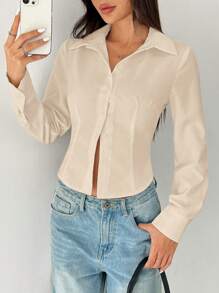 SHEIN PETITE 基本款休闲长袖收腰衬衫