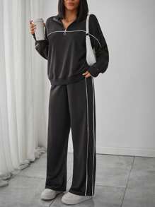EURMUSE ZIP UP RIB CUFF CONTRAST PIPPING SWEATSHIRT & ELASTICAL WAIST CONTRAST PIPPING SWEATPANT CO ORD SET - White - View 1