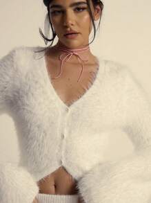 MUSERA Fluffy Knit V Neck Button Up Flared Sleeve Fitted Top Only Spring Summer Elegant Soft Essence  Holiday Cute Thanksgiving  New Years - White - View 5