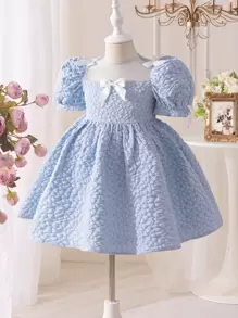 SHEIN Leap Crew Young Girl Jacquard Puff Sleeve Fitted Elegant Dress Young Girl Dresses Young Girls Clothing Easter Dress Young Girl Birthday Dress Young Girl Spring Dress,Spring And Summer Suits - Blue - View 5