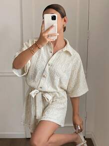 Serisse Bộ đồ liền thân tay ngắn màu trơn dành cho nữ, trang phục thường ngày đơn giản - Nhiều màu - Xem 5