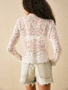 Poéselle Blusa de encaje de manga larga de moda sencilla casual para mujer, atuendos casuales para vacaciones, vacaciones de primavera, estilo bohemio, vacaciones, atuendos de playa para mujer, atuendos de verano para mujer, blusas de salida para mujer