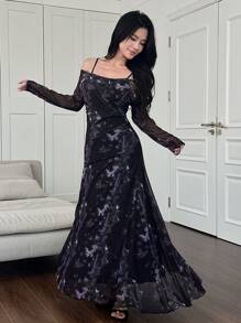 Modelyn 女士透明网眼蝴蝶刺绣修身鱼尾长裙 - 黑色 - 查看 6