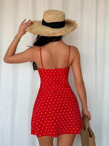Islaluna Vestido sexy de tirantes finos con estampado de corazón y pequeñas flores para mujeres