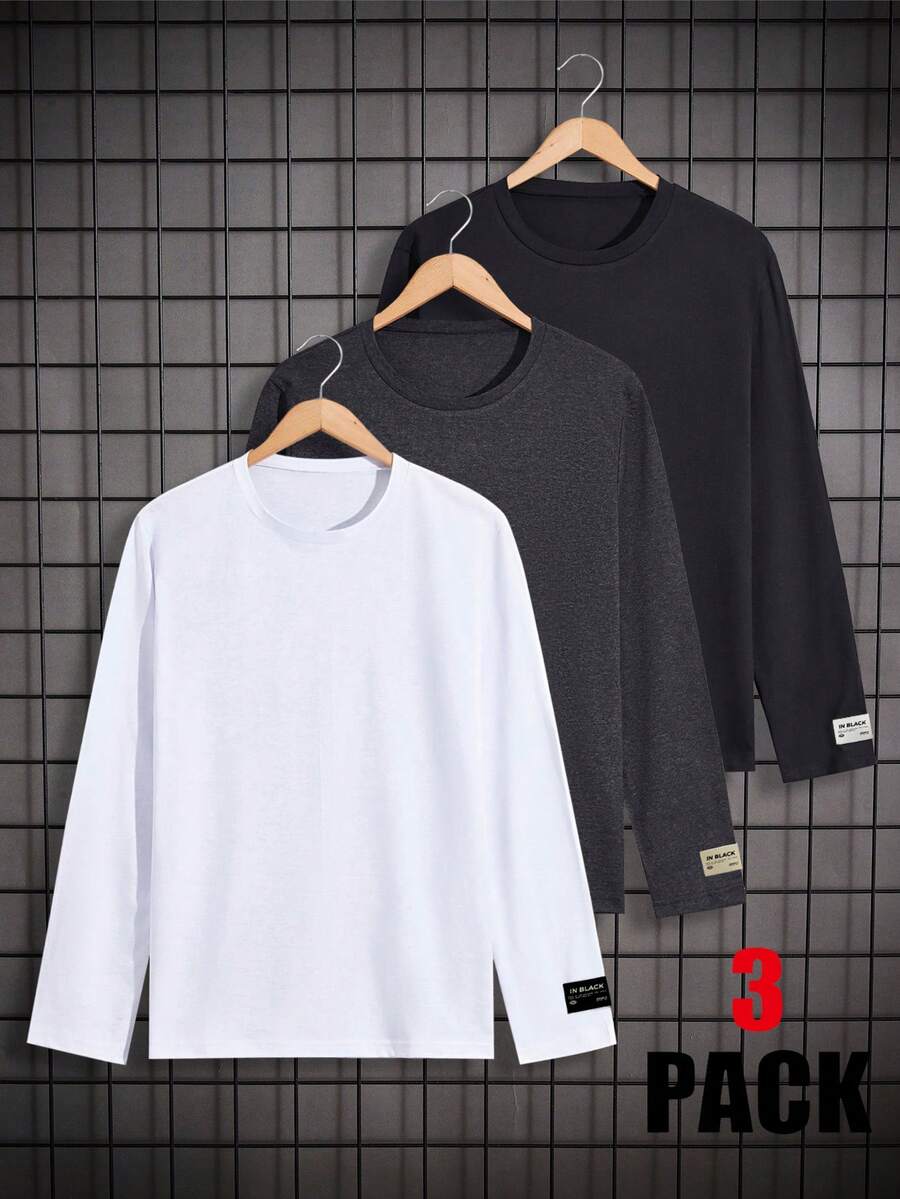 RueChic Men Label Detail 3pcs Pack Solid Regular T-Shirts - Multicolor - View 1