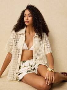 Poéselle Chaqueta camisa hueca para mujer, camisa de vacaciones, ropa de vacaciones de verano en la playa, blusa holgada de punto de unicolor casual para mujer, ropa bohemia chic