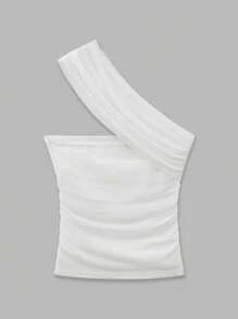 Maija Women White Summer Seksi Chic Party Night Mesh Crop Top,2025 Fashion Asymmetric Shoulder Ruched Bodycon Beach Vacation Music Festival Club Wear - White - View 10