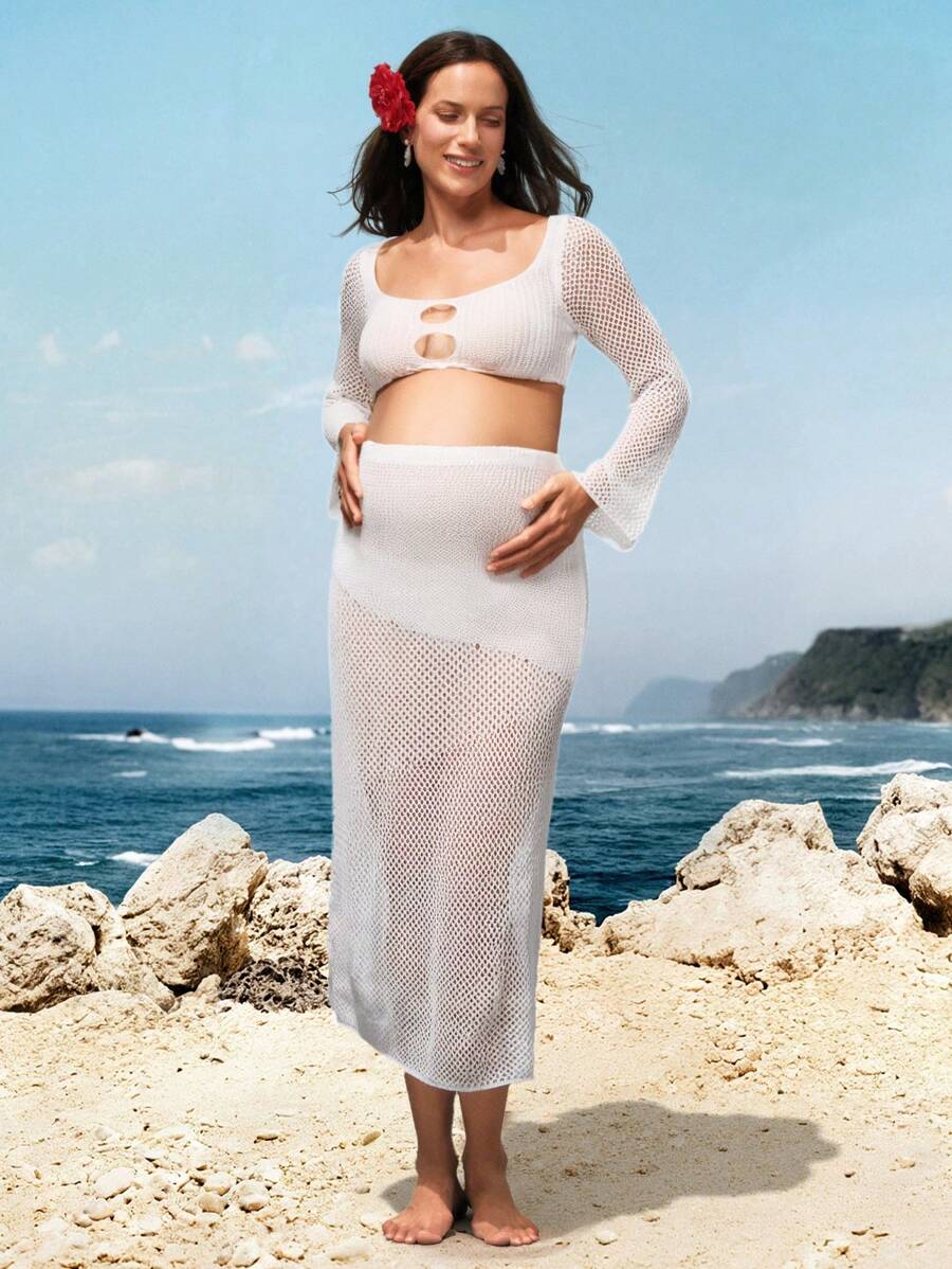 SHEIN Pregnant Women's Solid Color Hollow-Out Knit Beach Cover-Up For Summer Beach Vacation