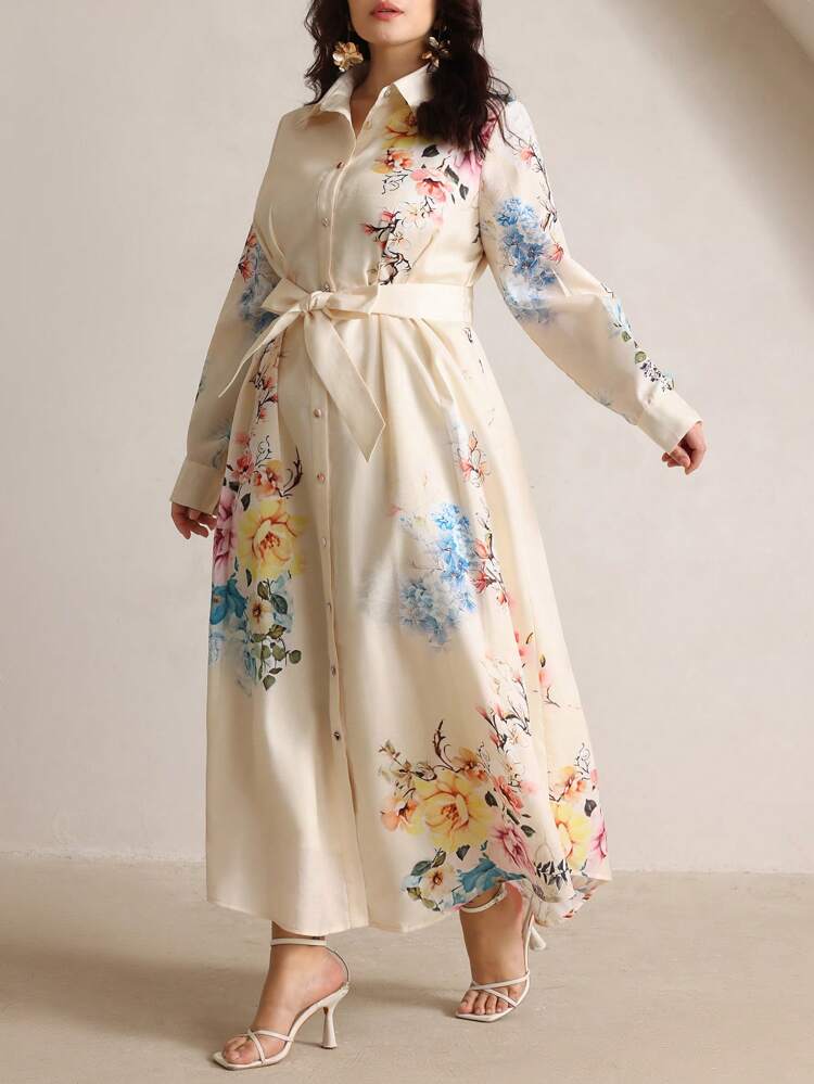 Women's Elegant Dining, Party, Vacation Waist Pleated Floral Print Shirt Dress