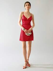 Elenzga 时尚编织缎面细肩带优雅婚礼季女式短裙 - 紅色 - 查看 6