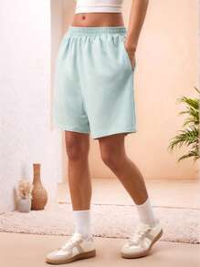 Manfinity VCAY Unisex Casual Knit Mid-Waist Elastic Waist Straight Leg Solid Color Shorts, Suitable For Daily Wear - Mint Green - View 7