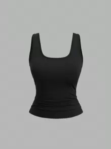 Sweetra Plus Size Women's Summer Cropped Square Neck Pleated Casual Tank Top