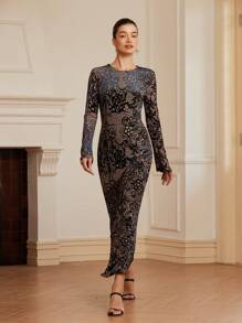 Aveloria Rosie Vestido de sirena de manga larga con cuello redondo, cintura y estampado total de estilo elegante y de moda, con contraste de color y estilo retro palaciego para mujer