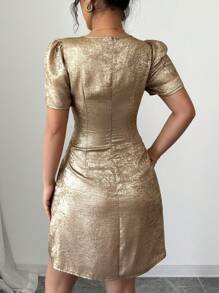 Elenzga 女士优雅短袖中长连衣裙，春夏休闲度假连衣裙，交叉 V 领，高腰，褶皱下摆，彩虹色金属涂层