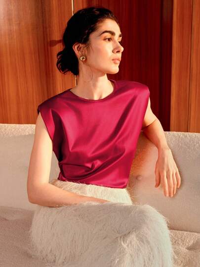 SHEIN LUNE Blusa de mujer con cuello redondo sin mangas de satén a la moda