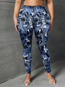 SHEIN SXY Plus Size Women's Sexy Mid-Rise Denim Effect Print Colorful Knitted Leggings,Suitable For Street, Casual, Sexy, Daily Travel, Shopping, Dating, Cool,Comfortable To Wear,Easy To Match&Looks Slim,Accent Your Body,Flatter The Figure