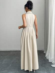 Chiquease Women Elegant Pleated Sleeveless Collared Dress