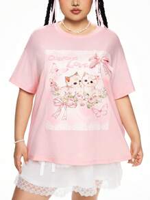 ROMWE Kawaii Plus Size Vrouwen Schattige Kattenprint 3D Strik Plus Size T-shirt