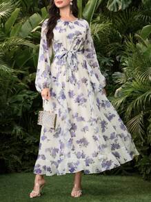 Modelyn Women's Long Chiffon Floral Ruffled Elegant Lantern Sleeve Loose A-Line Dress - Multicolor - View 1