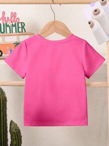 Young Girl Casual Floral & Pony Print Short Sleeve Round Neck T-Shirt, Suitable For Summer - Hot Pink - View 2