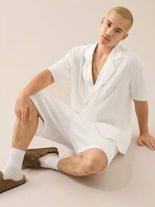 Manfinity VCAY Men's Knitted Casual Loose Textured Suit Jacket & Drawstring Waist Straight Leg Shorts 2 Pieces Set - White - View 7