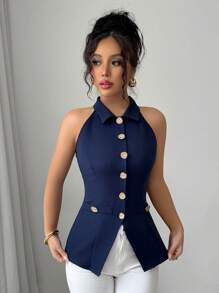 SHEIN PETITE 女士时尚翻领纽扣装饰收腰优雅海军蓝设计衬衫 - 藏蓝色 - 查看 3