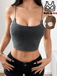 SHEIN EZwear 夏季女式修身细肩带吊带背心，带衬垫，适合音乐节穿着 - 黑色 - 查看 4