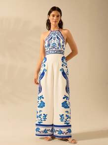 CAJUNI Women's Boho Ginkgo Leaf, Parrot, Blue & White Printed Halter Backless Tie Front Wide Leg Jumpsuit, Casual Summer Beach Wear