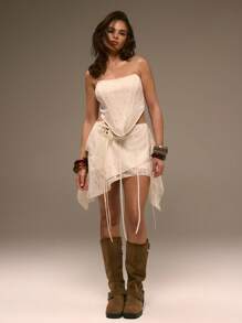 MUSERA 系带不对称下摆层叠蕾丝迷你裙，西部波西米亚风，优雅假日风，纳什维尔夏季 - 奶油色 - 查看 2