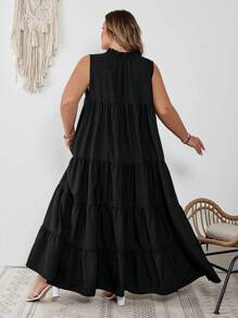 SHEIN CURVE+ Vestido largo talla grande con cuello de corbata, bajo con volantes y mangas acampanadas, estilo bohemio para vacaciones
