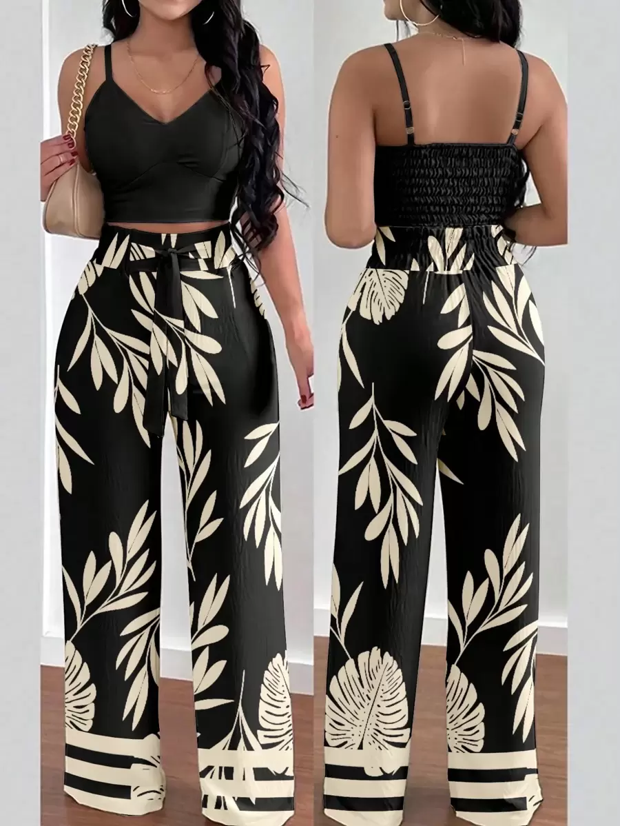 INAWLY 2 piezas Mono holgado de pierna ancha con estampado floral, cintura elástica y nudo delantero para mujeres