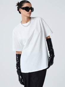 LYSMO Summer White Y2k Solid Drop Shoulder Tee - White - View 6