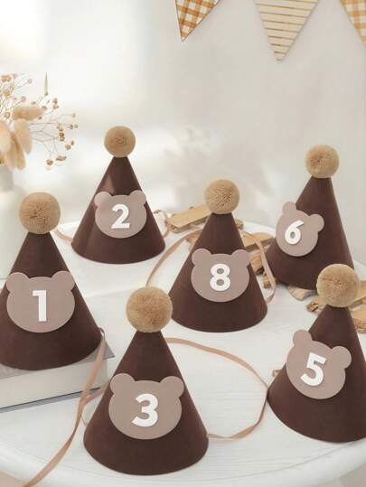 SHEIN 1 件 17cm * 12cm 可爱棕熊形状无纺布生日帽，派对帽装饰，发夹发饰，生日礼物，适合 1-9 岁