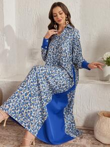 Al Najma Women's Casual Floral Splice Contrast Color Loose Fit V-Neck Long Dress