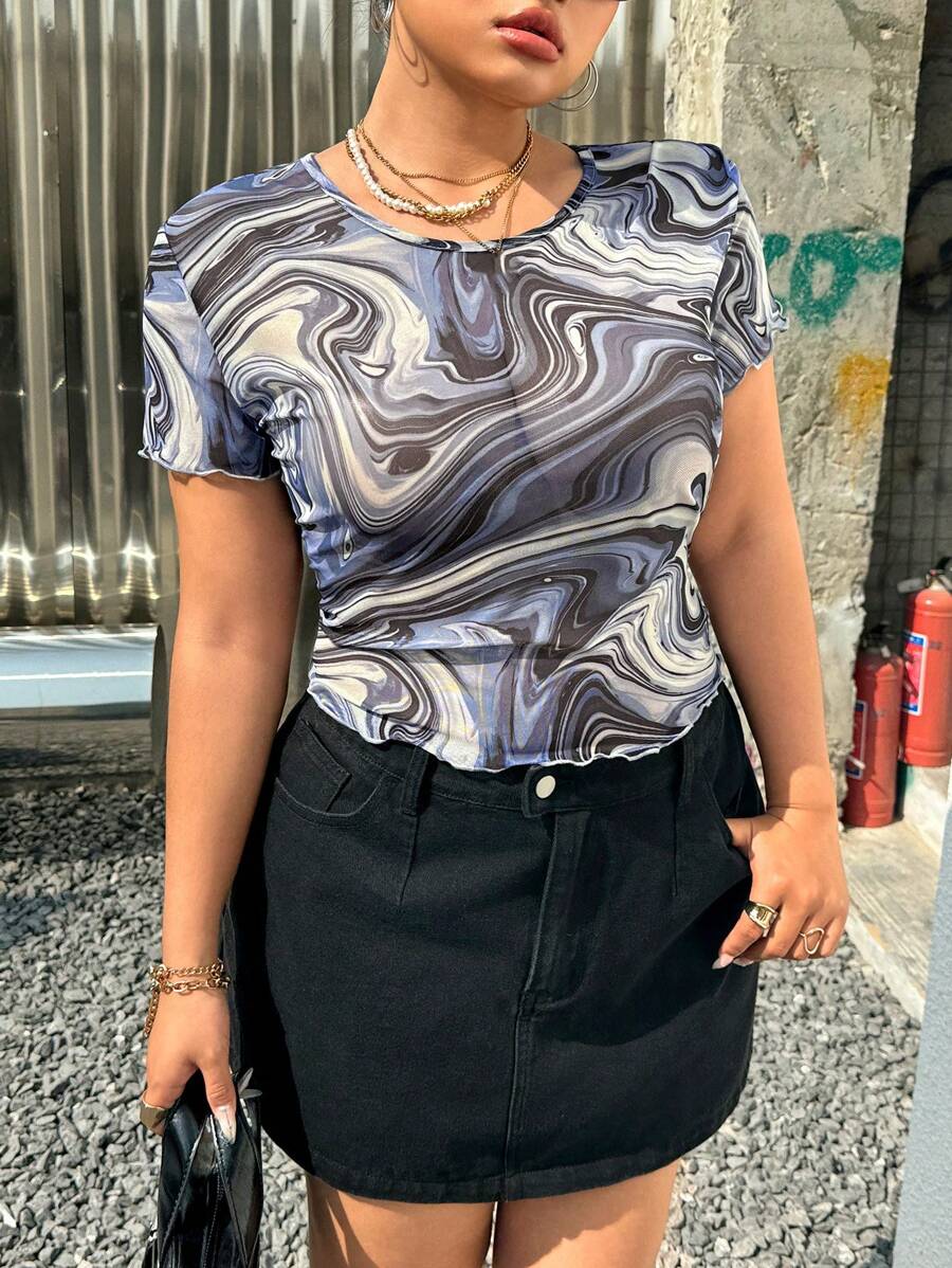 CovetEZ 大码女式大理石印花透明短袖上衣，春夏 - 彩色 - 查看 1