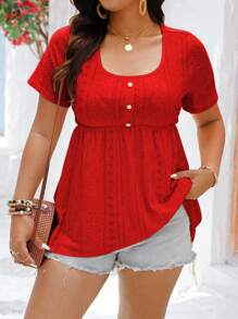 EMERY ROSE Plus Size Solid Color Hollow Out Embroidery T-Shirt, Casual Holiday Wear - Red - View 4