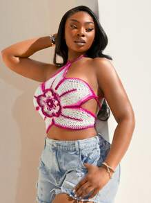 SHEIN SXY Große Größen Damen Frühling/Sommer 2025 Neue Zweischichtige Gestrickte Blüten Sexy Rückenfreie Verstellbare Trägerweste, Geeignet für Strandurlaub, Date Night, Geburtstag, Junggesellinnenabschied, Süß, Lässig, Einkaufen, Streetwear, Ausgehen, Leicht zu kombinieren & Schlank aussehend, betont Ihre Figur, schmeichelhaft