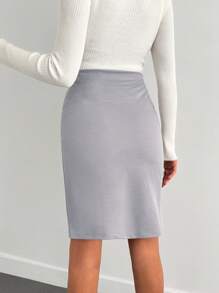 EURMUSE Women Solid Color High Waist Bodycon Pencil Skirt - Grey - View 2
