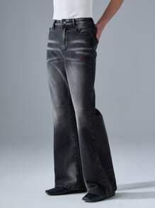NEON BLANC Men's Street Style Embroidered Black Denim Long Pants