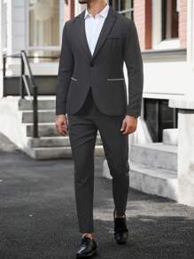 Manfinity Mode Men's Lapel Neck Long Sleeve Jacket & Pants Casual Business Suit Set Wedding Outfit For Men Men Wedding Suit Nice Suit For Men Wedding Suit For Men - Dark Grey - View 7